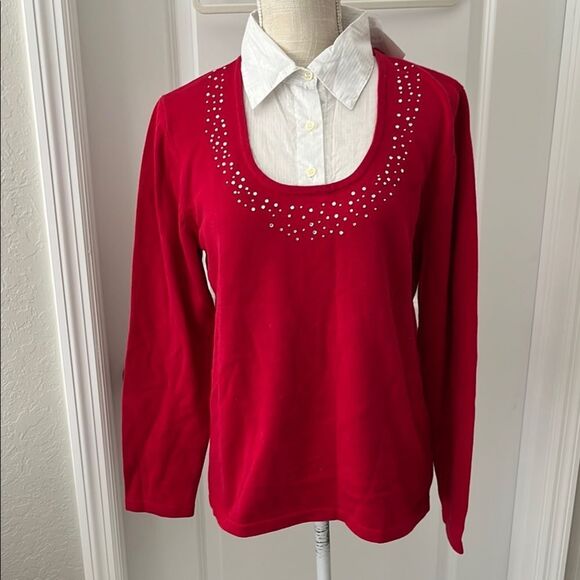 Quaker Factory Red Embellished Women's Lightweight Sweater White Collar - Picture 1 of 13